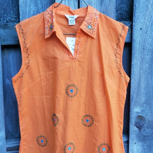 Fiona Orange 100% Cotton Jeweled Shirt XL Tunic - Picture 5 of 8